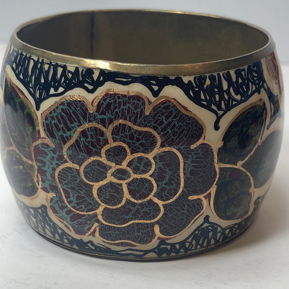 Enameled Metal Wide Bangle Bracelet Floral Flower Leaves